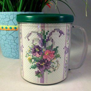 Handmade Cross Stitch Coffee Mug Pansy Bouquet 8 0z